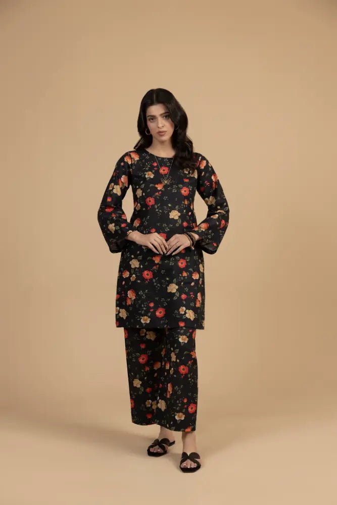 Black Floral Khaddar 2 - Piece Suit Winter Ready Elegant Printed Co - Ord Set - Mahriza