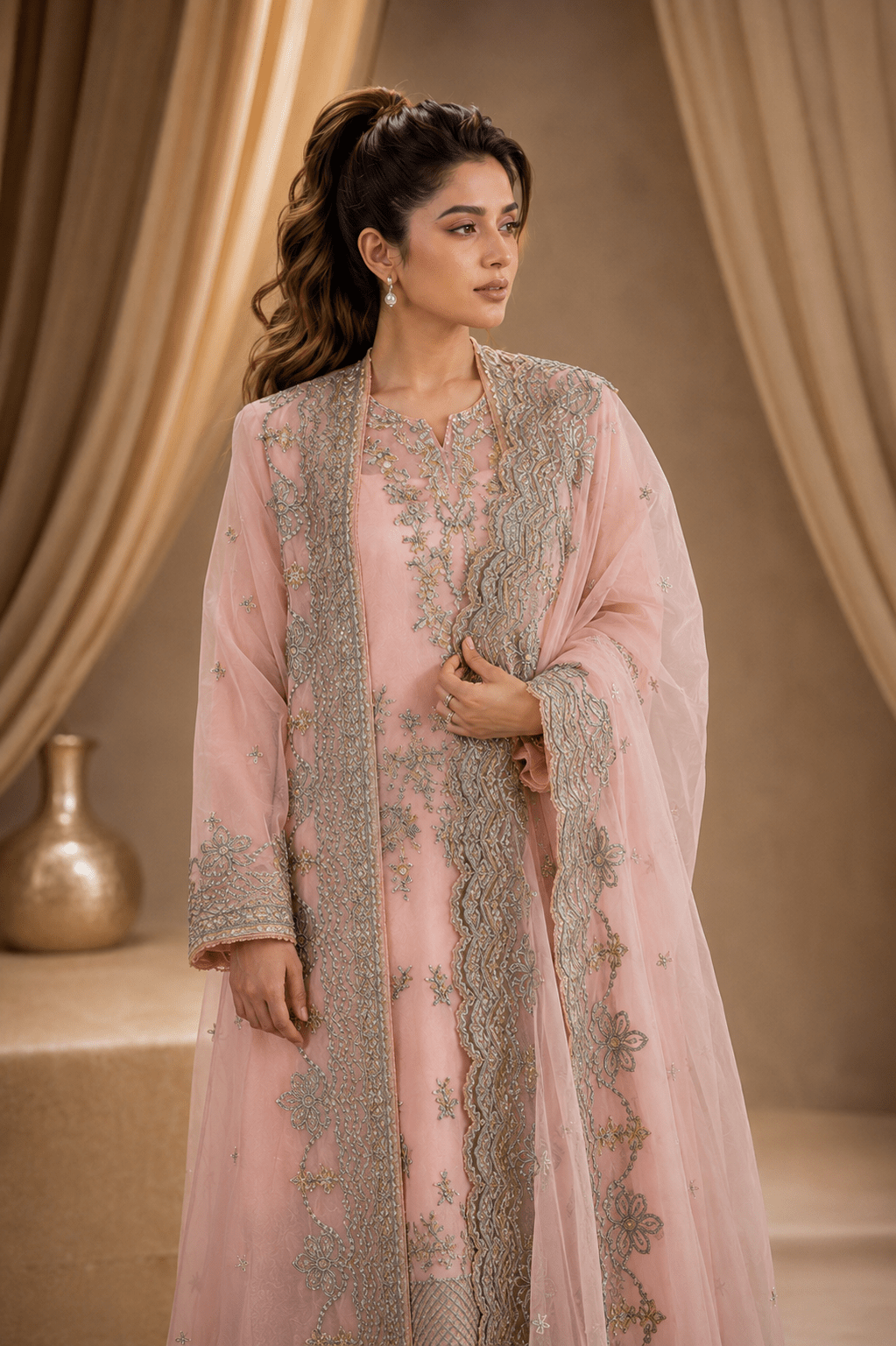 Blush Grace – Luxury Embroidered & Sequin Organza Suit - Mahriza