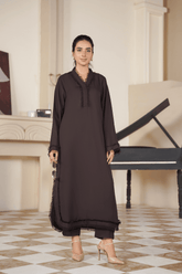 Expresso brown georgette co-ord set for women with Y-neckline and fringe sleeves - Mahriza