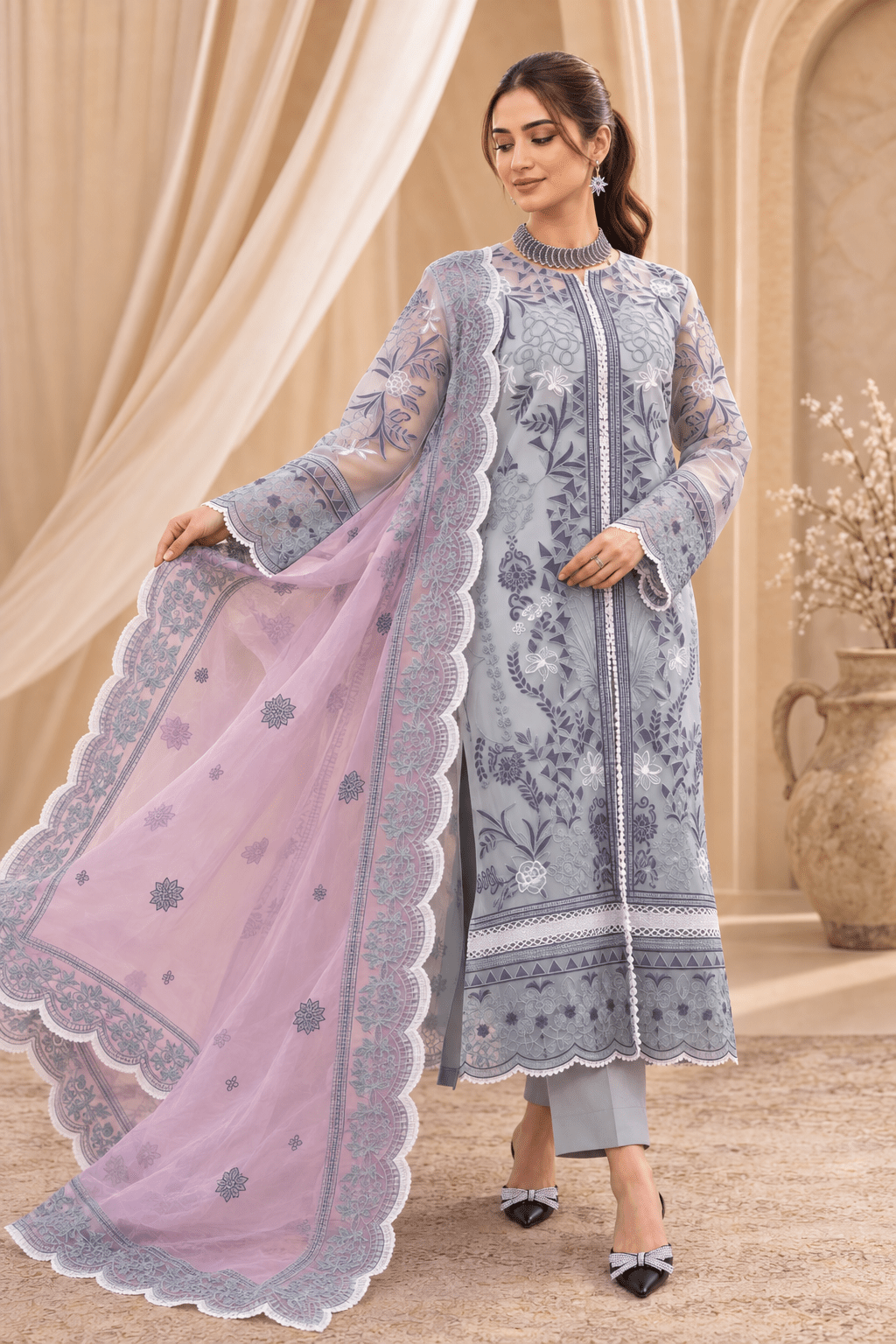 Frosted Lilac – Luxury Embroidered Organza Dress - Mahriza