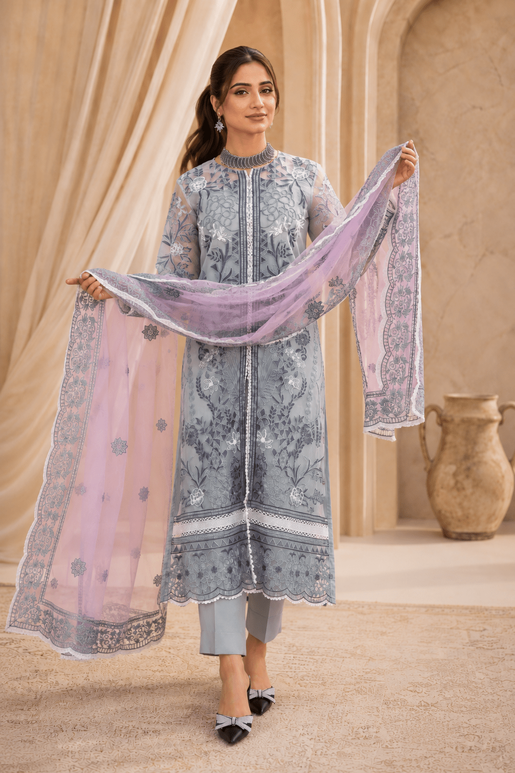 Frosted Lilac – Luxury Embroidered Organza Dress - Mahriza