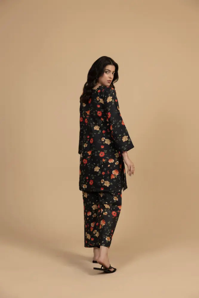 Black Floral Khaddar 2-Piece Suit  Winter Ready Elegant Printed Co-Ord Set