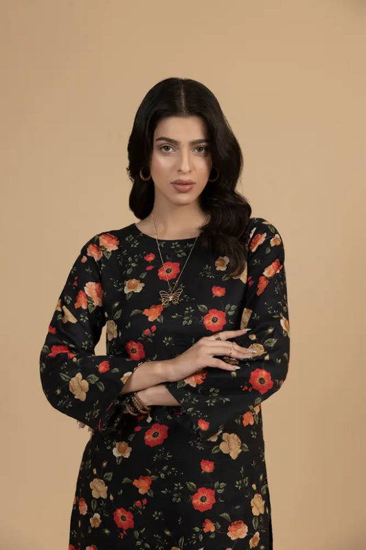Black Floral Khaddar 2-Piece Suit  Winter Ready Elegant Printed Co-Ord Set