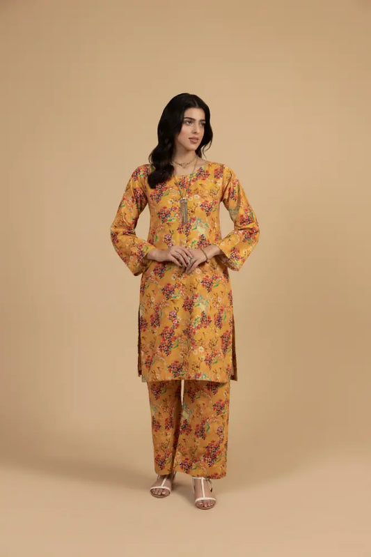 Mustard Floral Khaddar 2-Piece  Premium Winter Printed Suit for Women