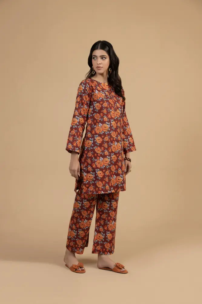 Rust Floral Khaddar 2-Piece Suit  Winter Printed Khaddar Dress for Women