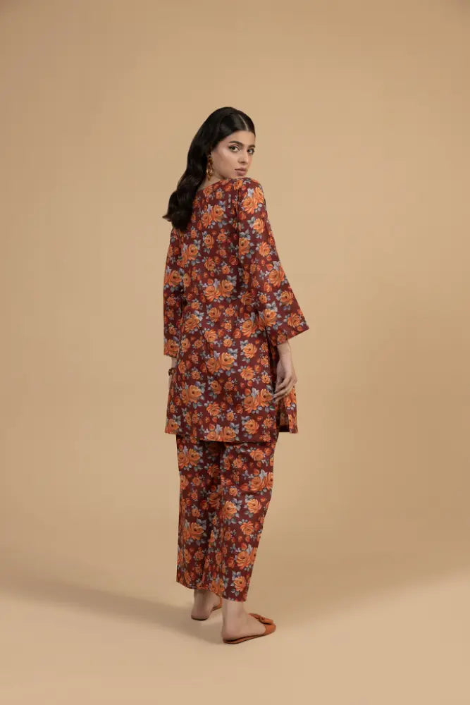 Rust Floral Khaddar 2-Piece Suit  Winter Printed Khaddar Dress for Women