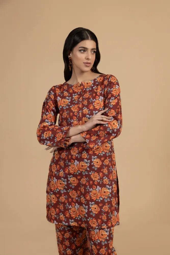 Rust Floral Khaddar 2-Piece Suit  Winter Printed Khaddar Dress for Women