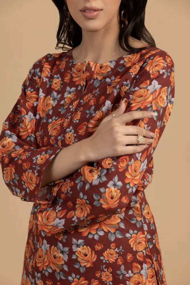 Rust Floral Khaddar 2-Piece Suit  Winter Printed Khaddar Dress for Women