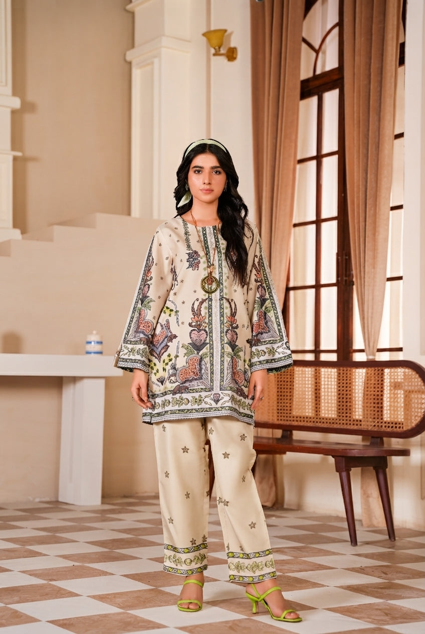 Beige Floral Printed Lawn 2-Piece Suit