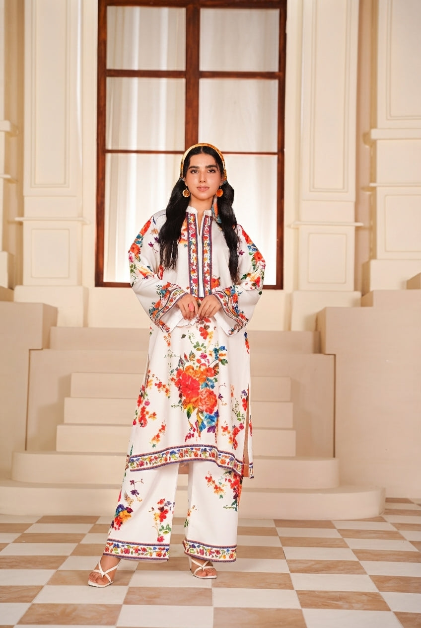Vibrant Floral Printed White Lawn 2-Piece Suit