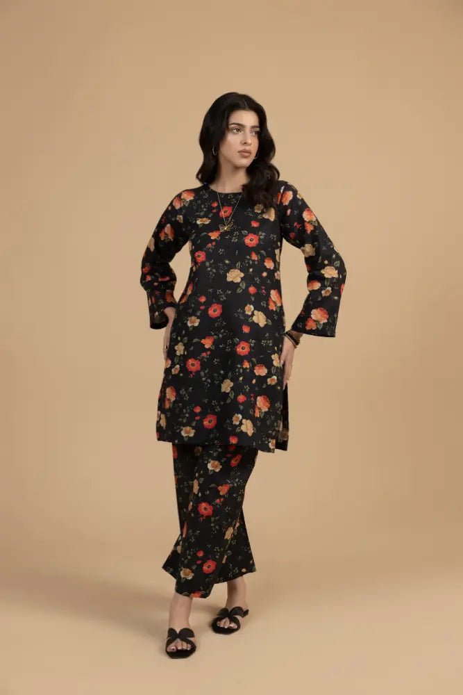 Black Floral Khaddar 2 - Piece Suit Winter Ready Elegant Printed Co - Ord Set - Mahriza