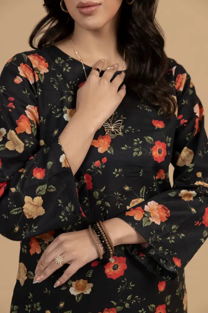 Black Floral Khaddar 2 - Piece Suit Winter Ready Elegant Printed Co - Ord Set - Mahriza
