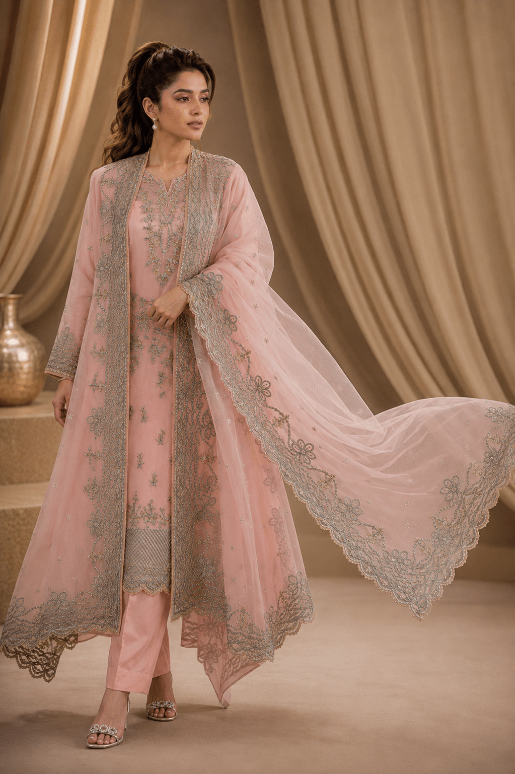 Blush Grace – Luxury Embroidered & Sequin Organza Suit - Mahriza