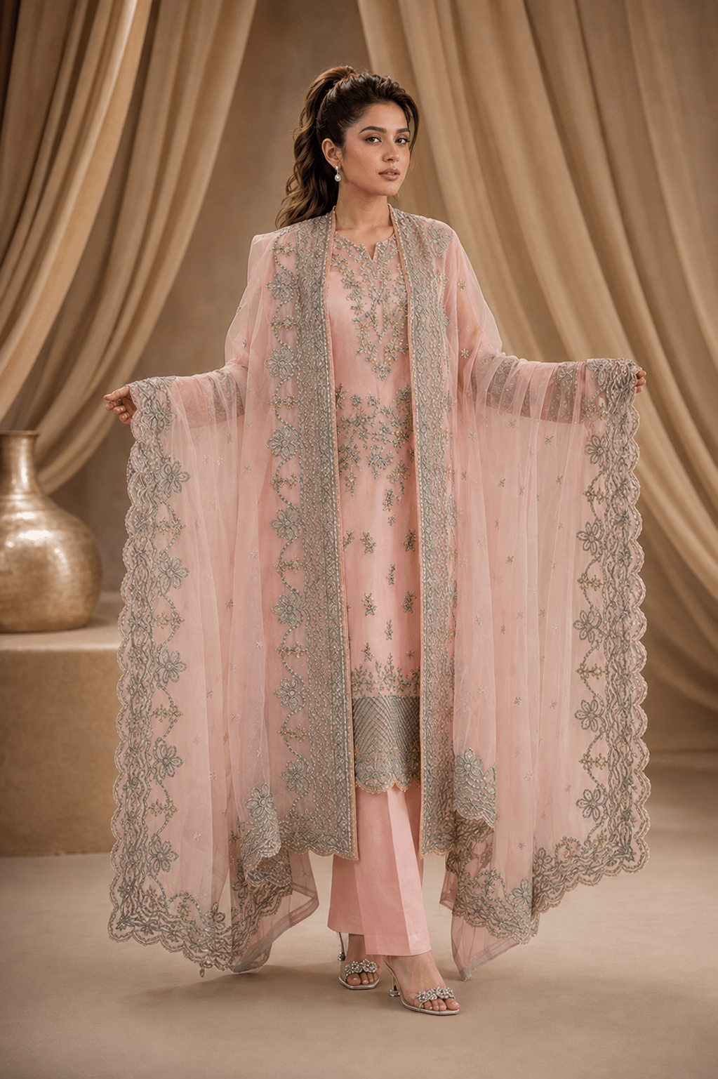 Blush Grace – Luxury Embroidered & Sequin Organza Suit - Mahriza