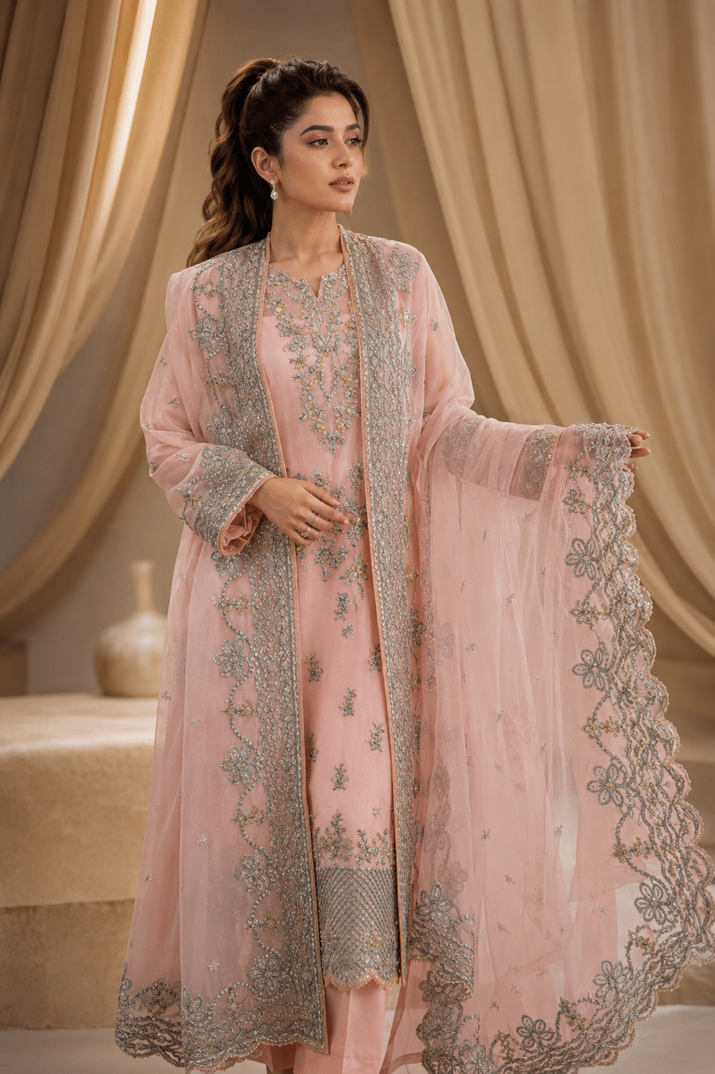 Blush Grace – Luxury Embroidered & Sequin Organza Suit - Mahriza