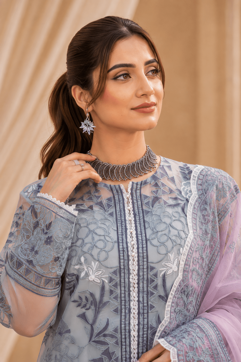 Frosted Lilac – Luxury Embroidered Organza Dress - Mahriza