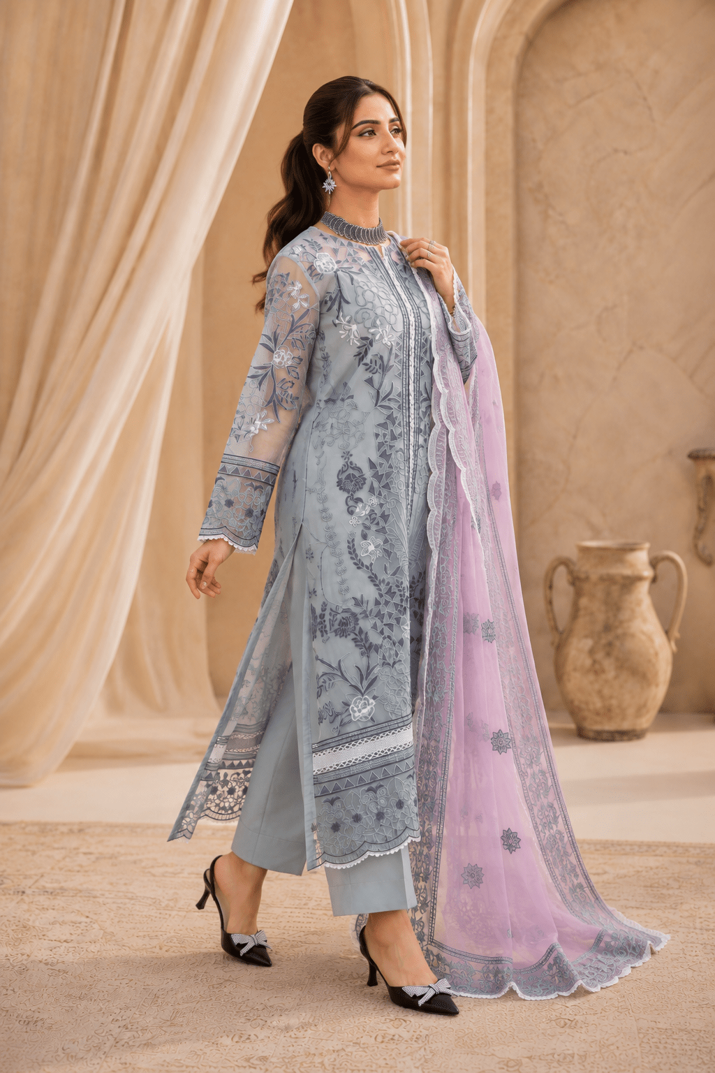 Frosted Lilac – Luxury Embroidered Organza Dress - Mahriza