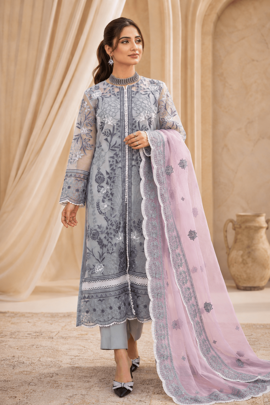 Frosted Lilac – Luxury Embroidered Organza Dress - Mahriza