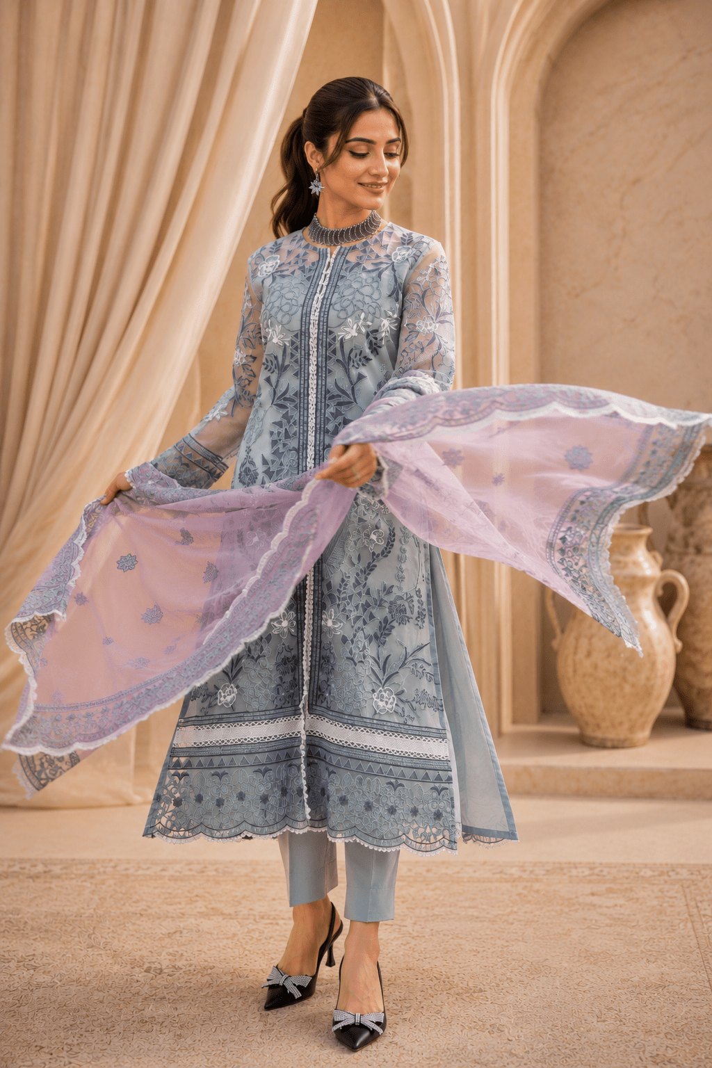 Frosted Lilac – Luxury Embroidered Organza Dress - Mahriza