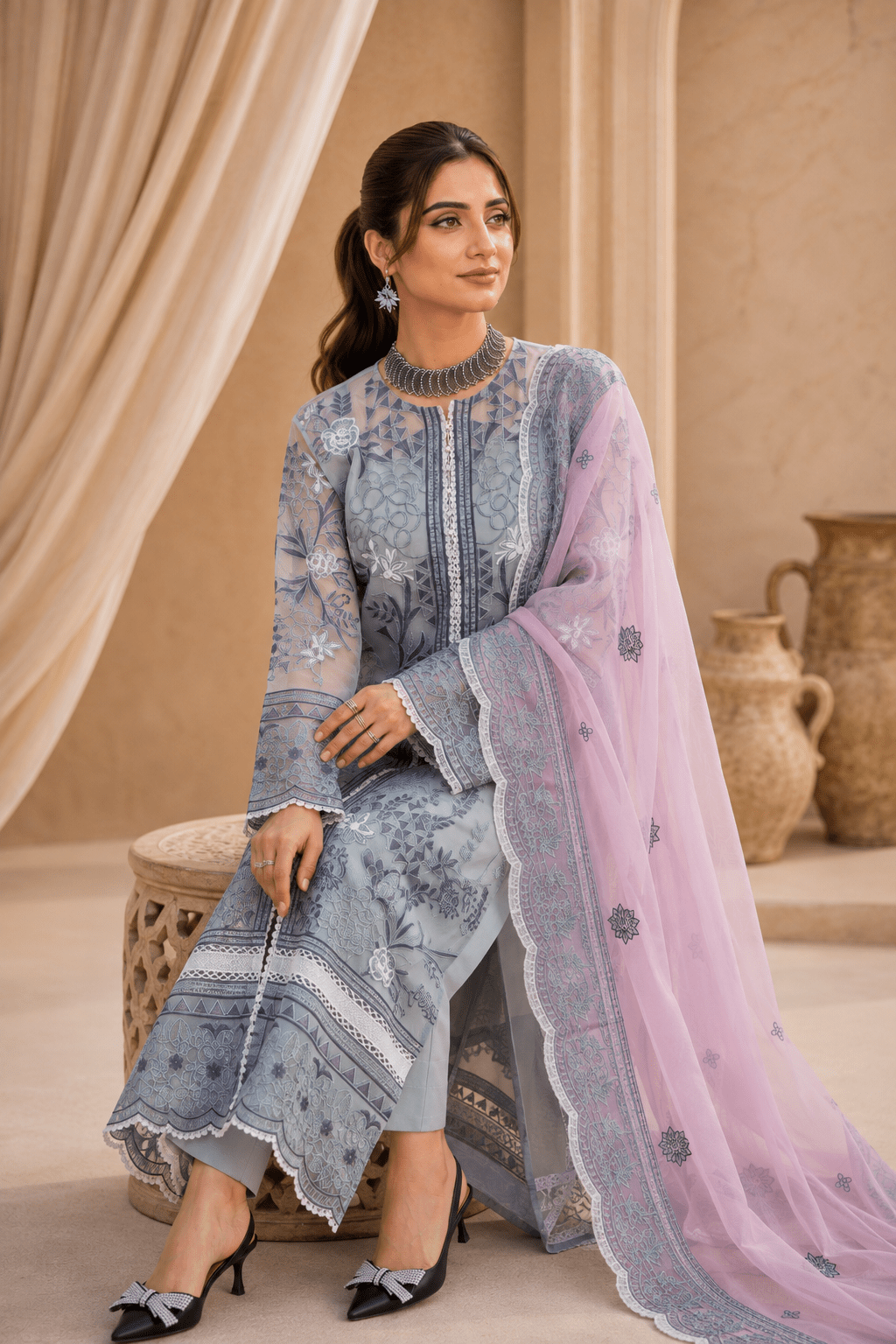 Frosted Lilac – Luxury Embroidered Organza Dress - Mahriza