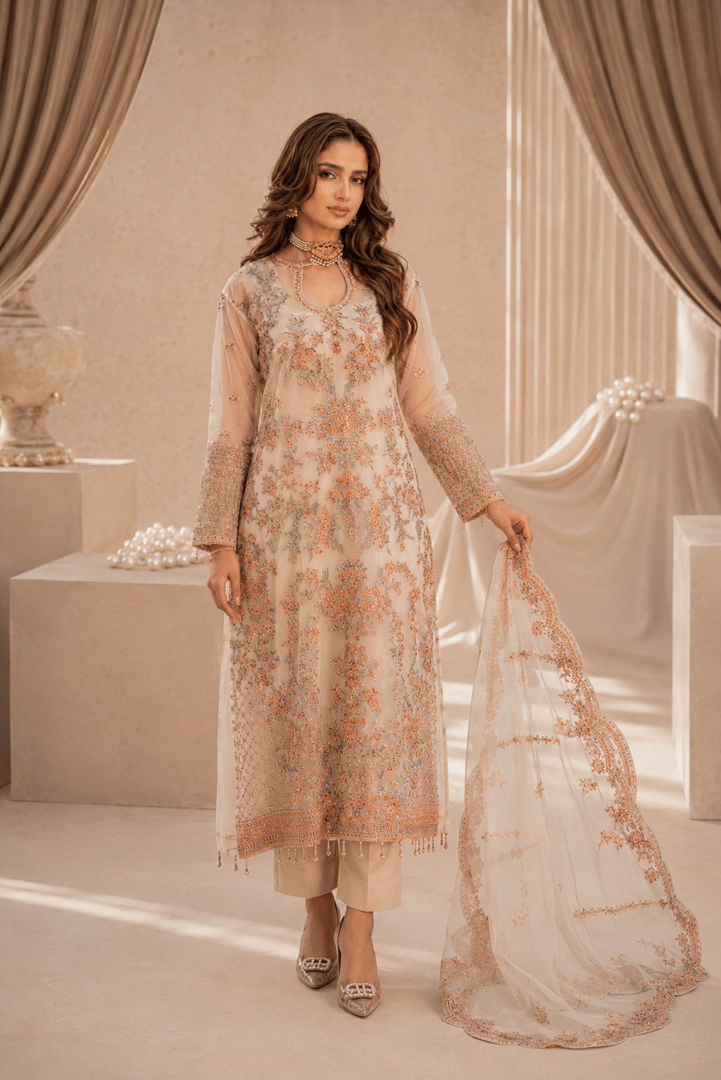 Ivory Elegance – Luxury Organza Party Wear - Mahriza