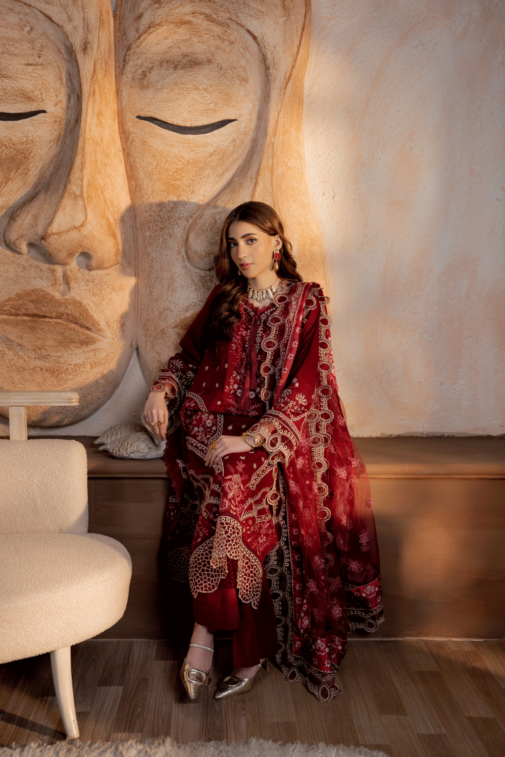 Mahroon Embroidered Lawn 3PC Suit - Mahriza