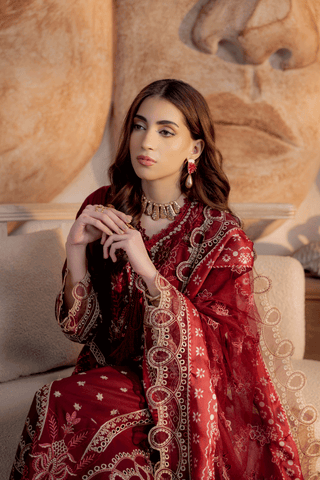 Mahroon Embroidered Lawn 3PC Suit - Mahriza