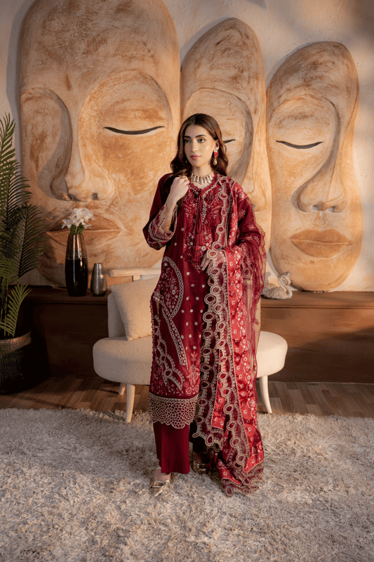 Mahroon Embroidered Lawn 3PC Suit - Mahriza