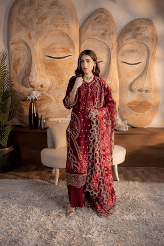 Mahroon Embroidered Lawn 3PC Suit - Mahriza