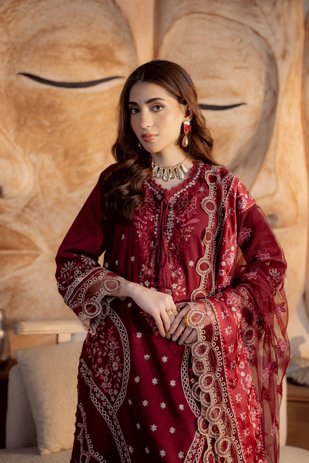 Mahroon Embroidered Lawn 3PC Suit - Mahriza