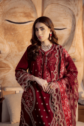 Mahroon Embroidered Lawn 3PC Suit - Mahriza