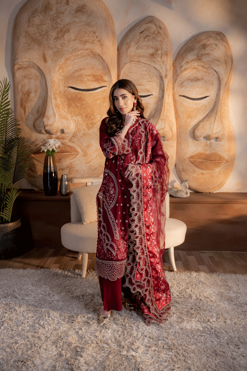 Mahroon Embroidered Lawn 3PC Suit - Mahriza