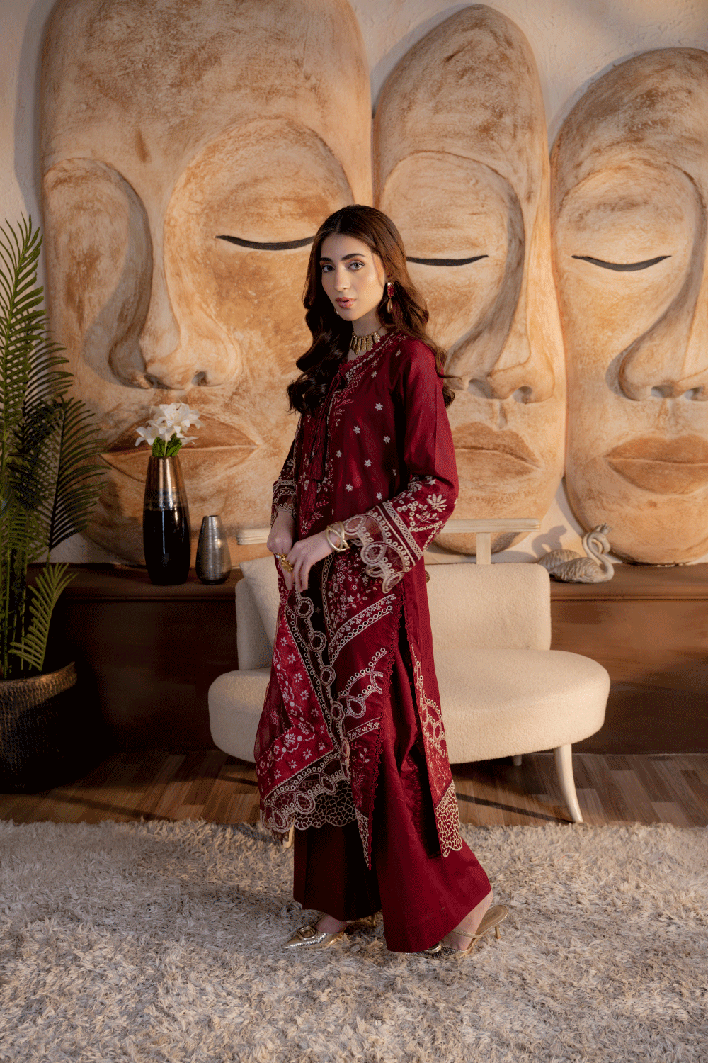 Mahroon Embroidered Lawn 3PC Suit - Mahriza