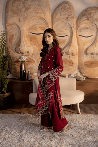 Mahroon Embroidered Lawn 3PC Suit - Mahriza