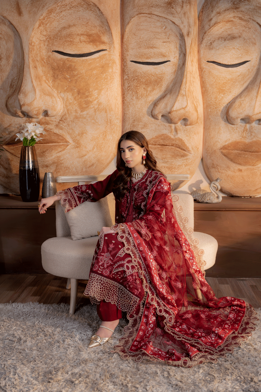 Mahroon Embroidered Lawn 3PC Suit - Mahriza