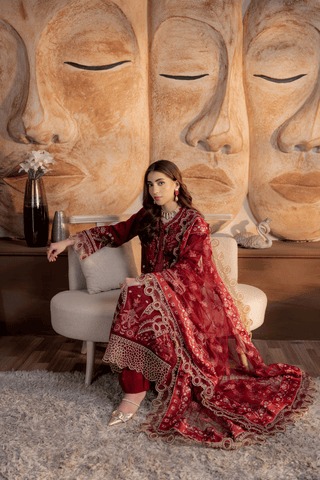 Mahroon Embroidered Lawn 3PC Suit - Mahriza
