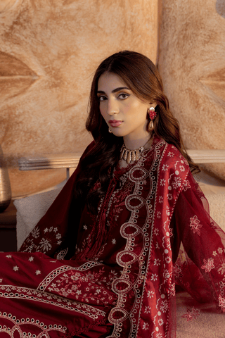 Mahroon Embroidered Lawn 3PC Suit - Mahriza
