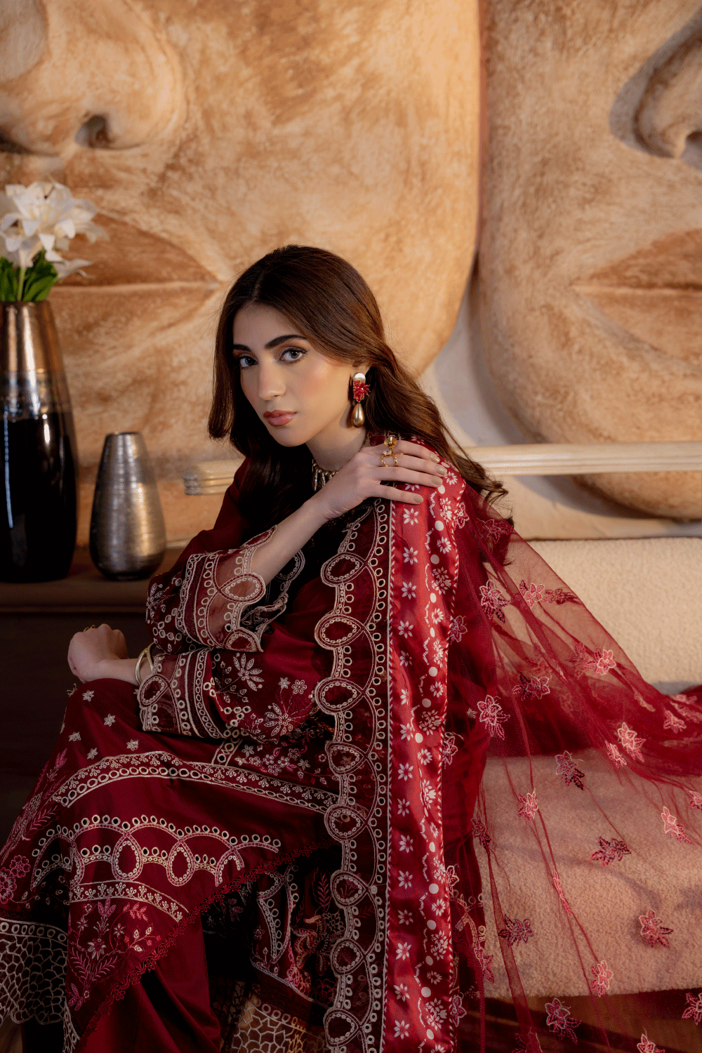 Mahroon Embroidered Lawn 3PC Suit - Mahriza