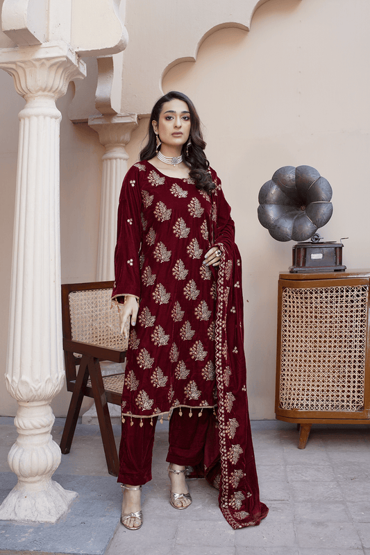 Maroon Velvet Royal Embroidered Suit