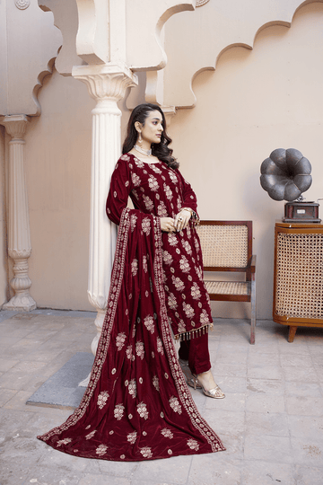 Maroon Velvet Royal Embroidered Suit - Mahriza