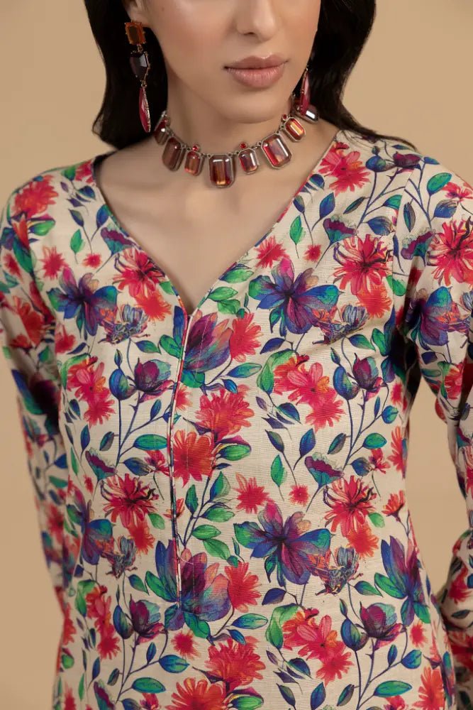 Multicolor Floral Khaddar 2 - Piece Vibrant Winter Printed Suit for Women - Mahriza