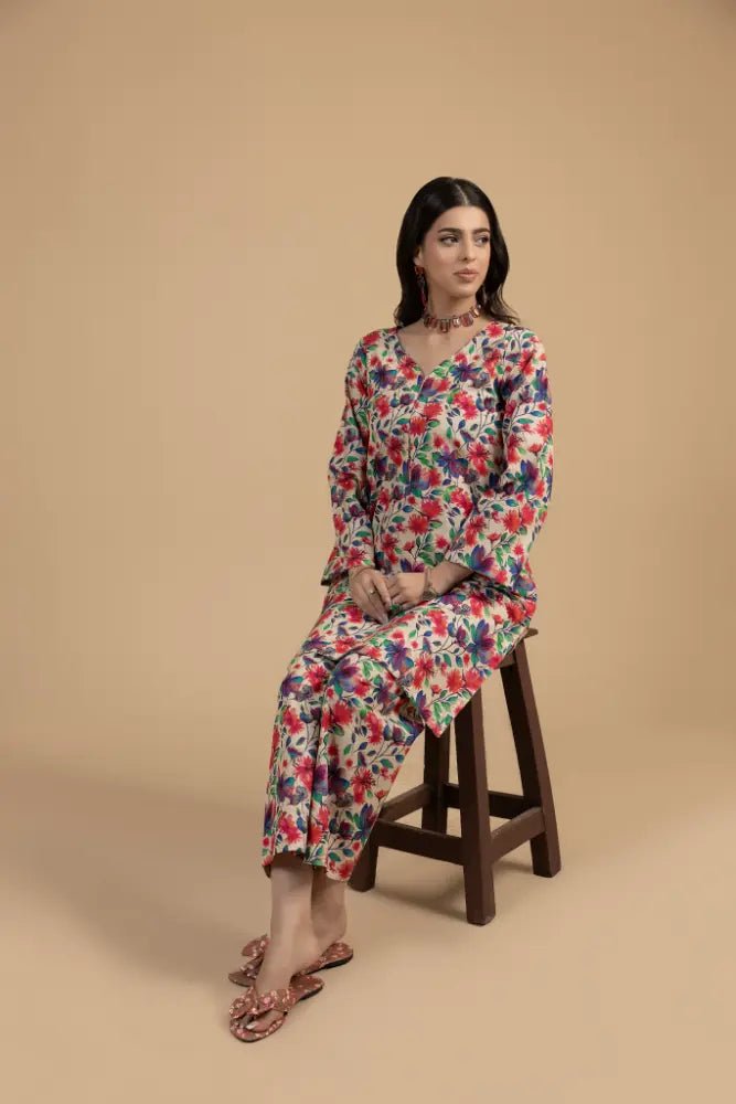 Multicolor Floral Khaddar 2 - Piece Vibrant Winter Printed Suit for Women - Mahriza