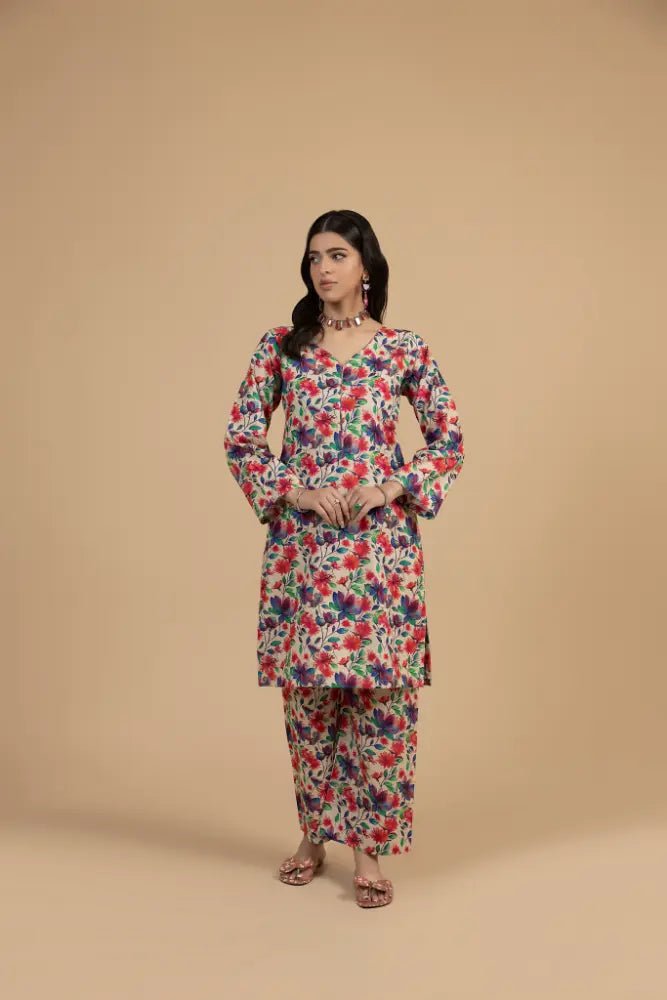 Multicolor Floral Khaddar 2 - Piece Vibrant Winter Printed Suit for Women - Mahriza