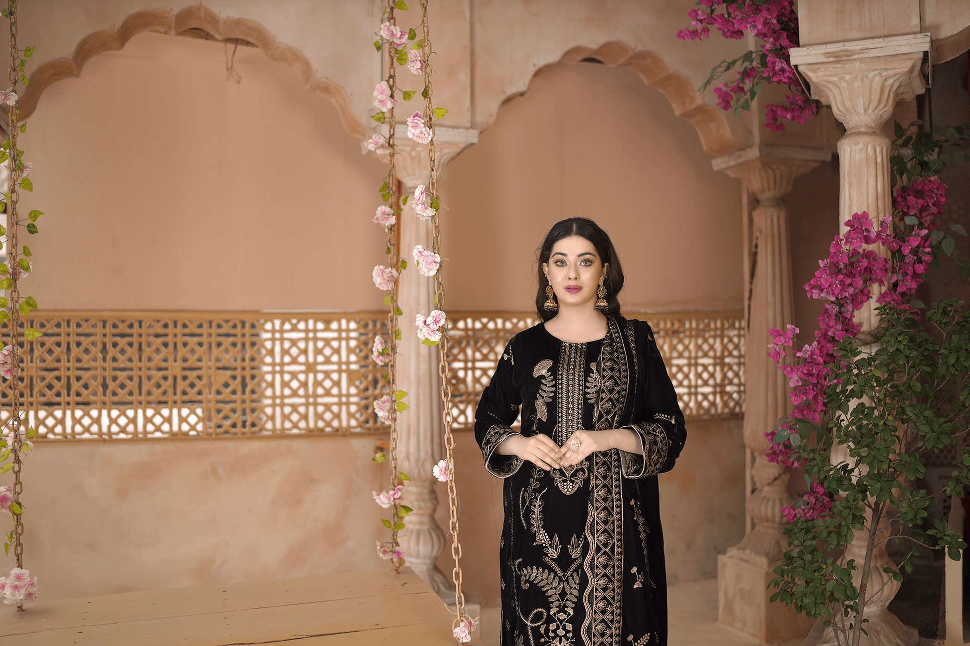 Noir Velvet Luxe Embroidered Ensemble - Mahriza