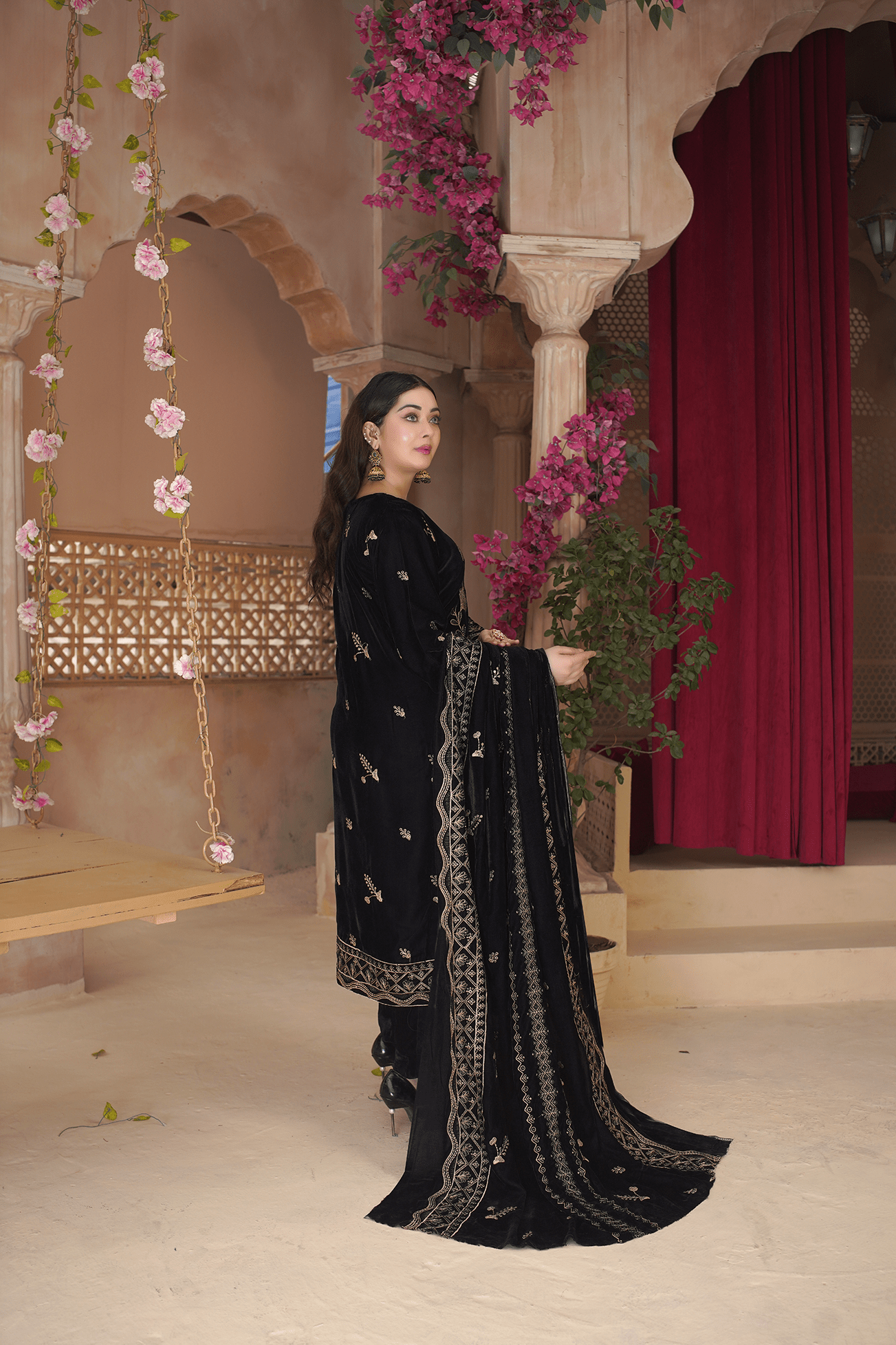 Noir Velvet Luxe Embroidered Ensemble - Mahriza
