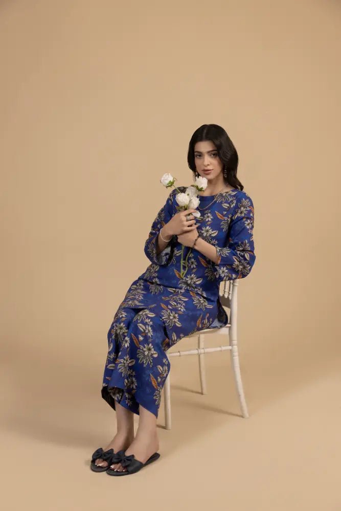 Royal Blue Floral Khaddar 2 - Piece Suit Elegant Winter Printed Co - Ord Set - Mahriza