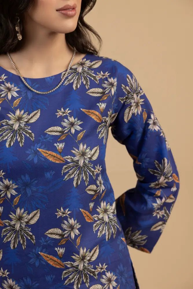 Royal Blue Floral Khaddar 2 - Piece Suit Elegant Winter Printed Co - Ord Set - Mahriza