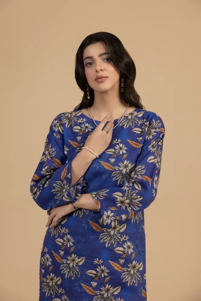 Royal Blue Floral Khaddar 2 - Piece Suit Elegant Winter Printed Co - Ord Set - Mahriza