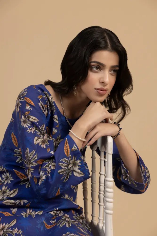 Royal Blue Floral Khaddar 2 - Piece Suit Elegant Winter Printed Co - Ord Set - Mahriza