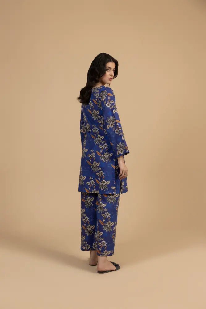 Royal Blue Floral Khaddar 2 - Piece Suit Elegant Winter Printed Co - Ord Set - Mahriza